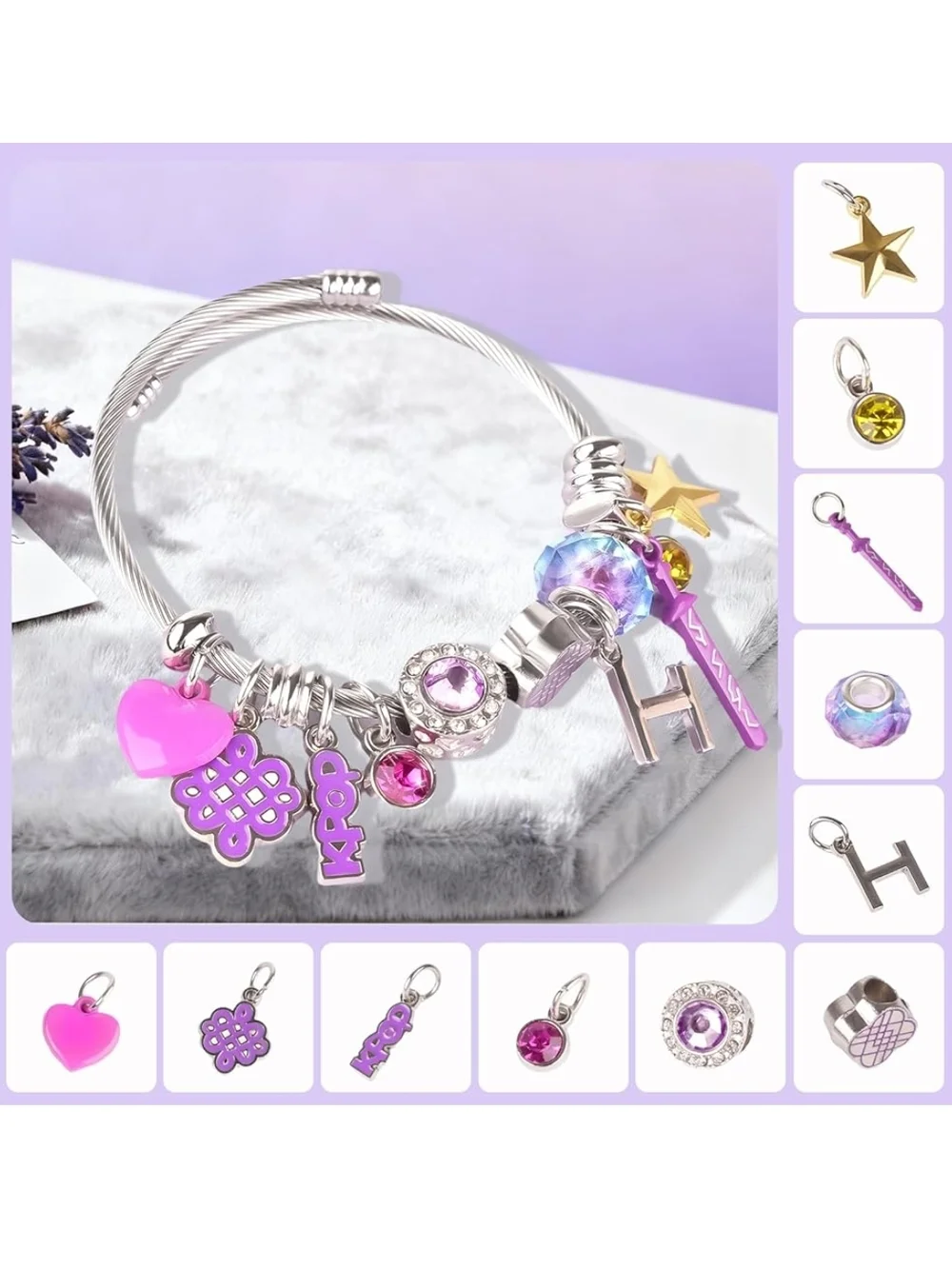 💜K-Pop Demon Hunters Themed Charm Bracelet in Purple Pink Silver
